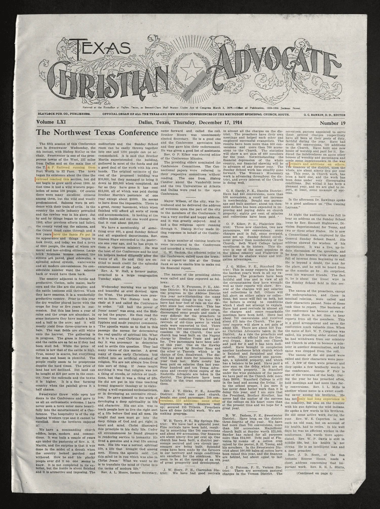 Texas Christian Advocate (Dallas, Tex.), Vol. 61, No. 19, Ed. 1 Thursday, December 17, 1914